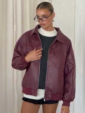 Princess Polly Goldsmith Oversized Burgundy Faux Leather Zip Front Bomber Jacket
